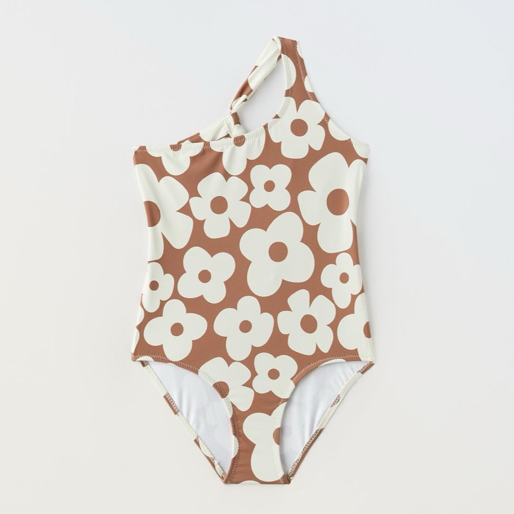 Floral Zara Girls Swimsuit Swim Brown and Beige flowers sz 120 6/7 Cute